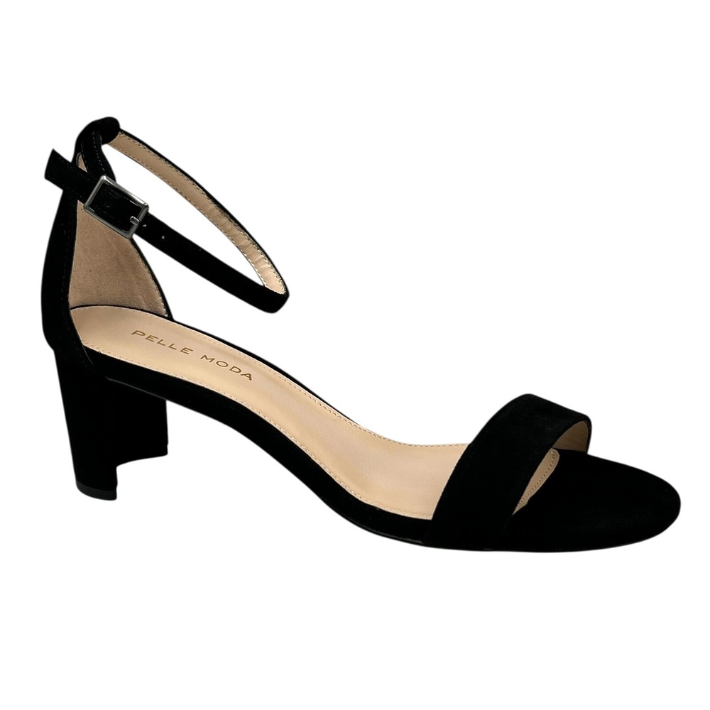 Pelle Moda‎ Women's Monroe Sandal 8 Solid Black Suede Block Heel Ankle Strap